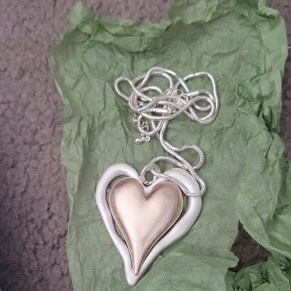 Elegant Silver  Gold Pkated Heart Pendant Necklace I Own Fits Below Chest Fab
